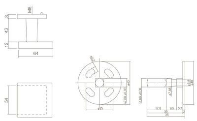 VOORDEURKNOP VAST VIERKANT VERKROPT 64/54MM RVS