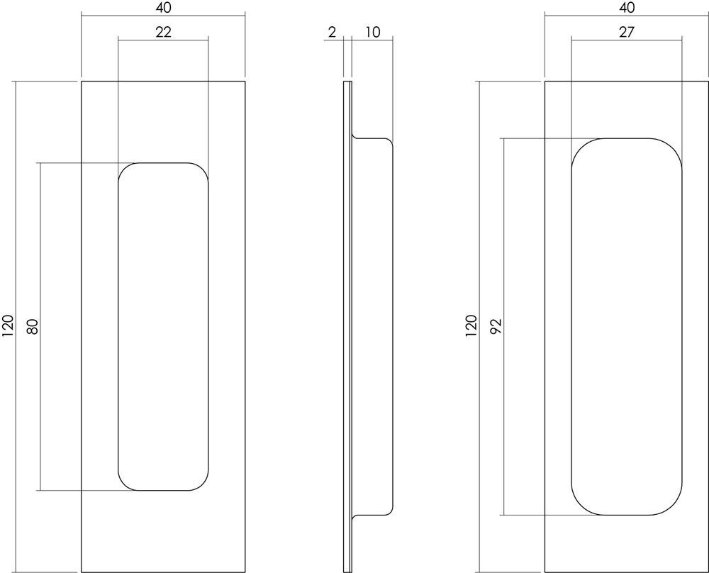 SCHUIFDEURKOM RECHTHOEK 120 X 40MM ZWART